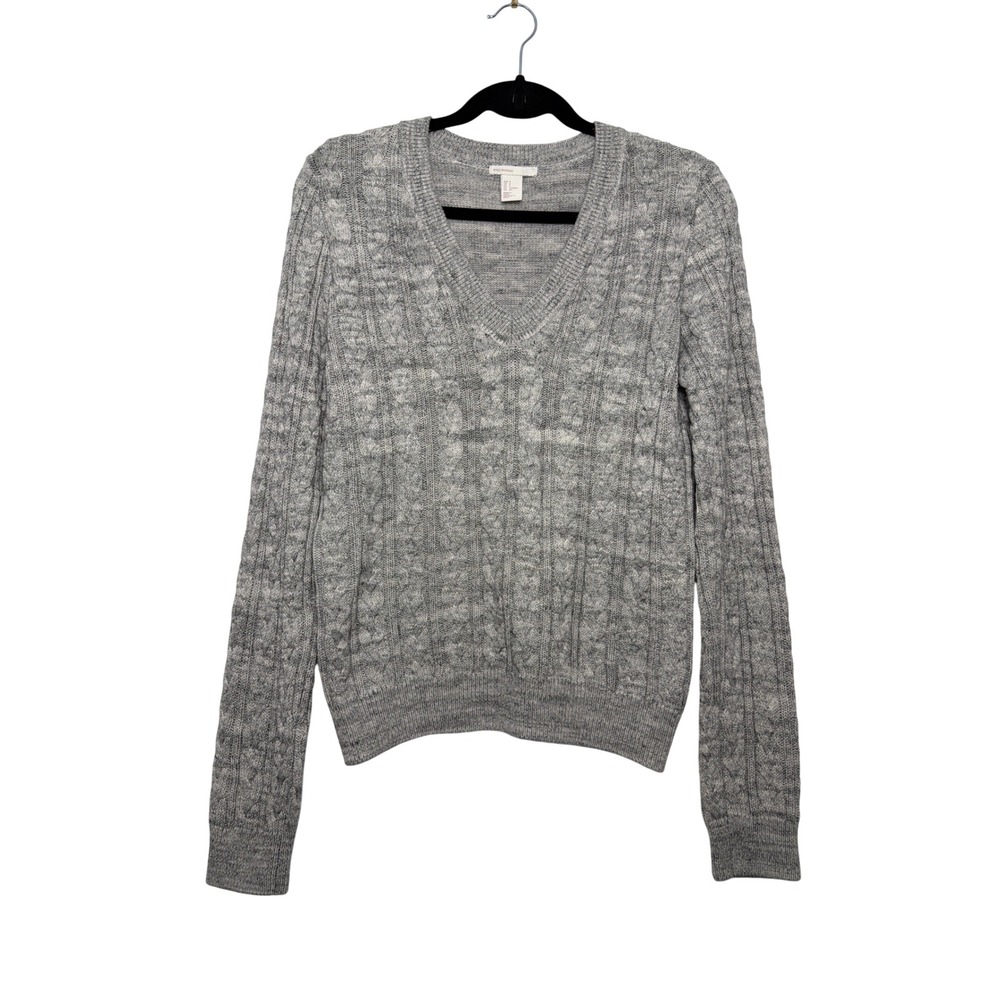 H&M Basic Womens Grey Cable Knit V-Neck Sweater Cotton Blend Size S